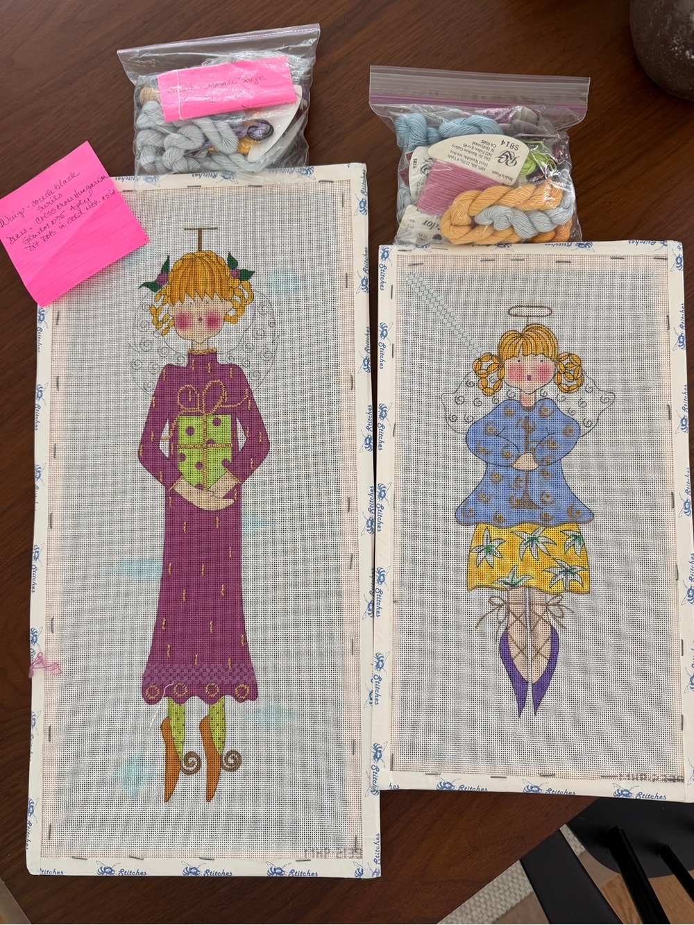 Handpainted Angel Needlepoint Canvases - Set of 2 - Frame & threads